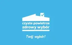 Grafika przedstawia Logo Programu Czyste Powietrzew fromacie bviałym na niebieskim tle 