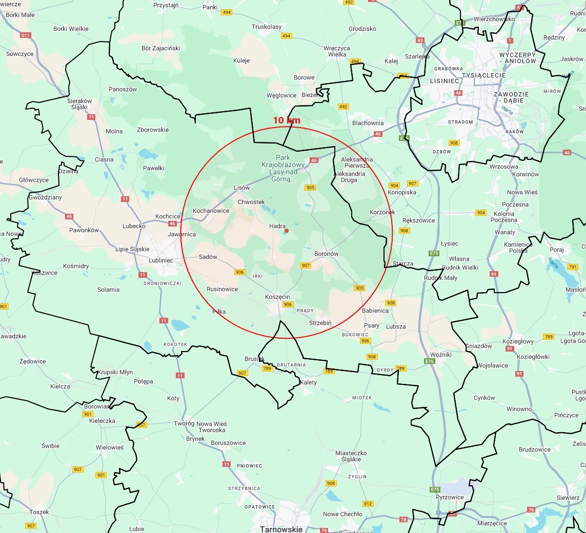 Mapa_-ognisko_HPAI_;_łabędź_niemy;_gmina_Herby,_powiat_lubliniecki,_woj-_śląskie