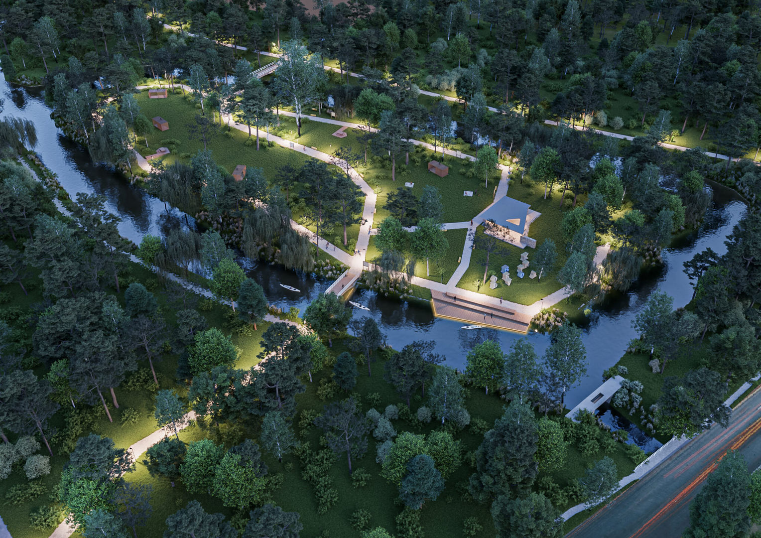 wizualizacja wyspy ciszy z widocznymi alejkami, i elementami małej architektury
