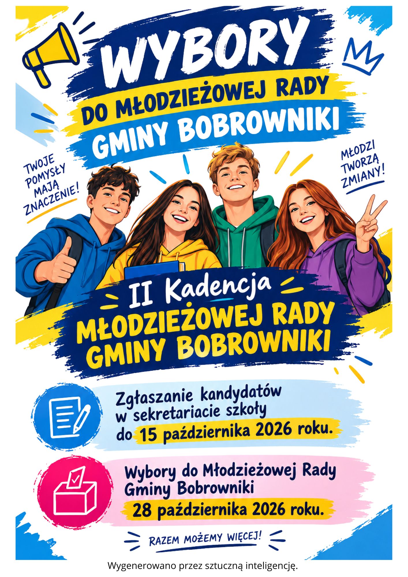 Wybory do Młodzieżowej Rady Gminy Bobrowniki  II kadencja Młodzieżowej Rady Gminy Bobrowniki  Masz pomysły na&nbsp;zmiany w&nbsp;swojej gminie? Chcesz mieć wpływ na&nbsp;sprawy ważne dla młodych mieszkańc&oacute;w? Zgłoś swoją kandydaturę do Młodzieżowej Rady Gminy Bobrowniki.  Zgłaszanie kandydat&oacute;w Kandydat&oacute;w można zgłaszać w&nbsp;sekretariacie szkoły do 15 października 2026 roku.  Wybory do Młodzieżowej Rady Gminy Bobrowniki 28 października 2026 roku  Twoje pomysły mają znaczenie. Młodzi tworzą zmiany!  Razem możemy więcej!